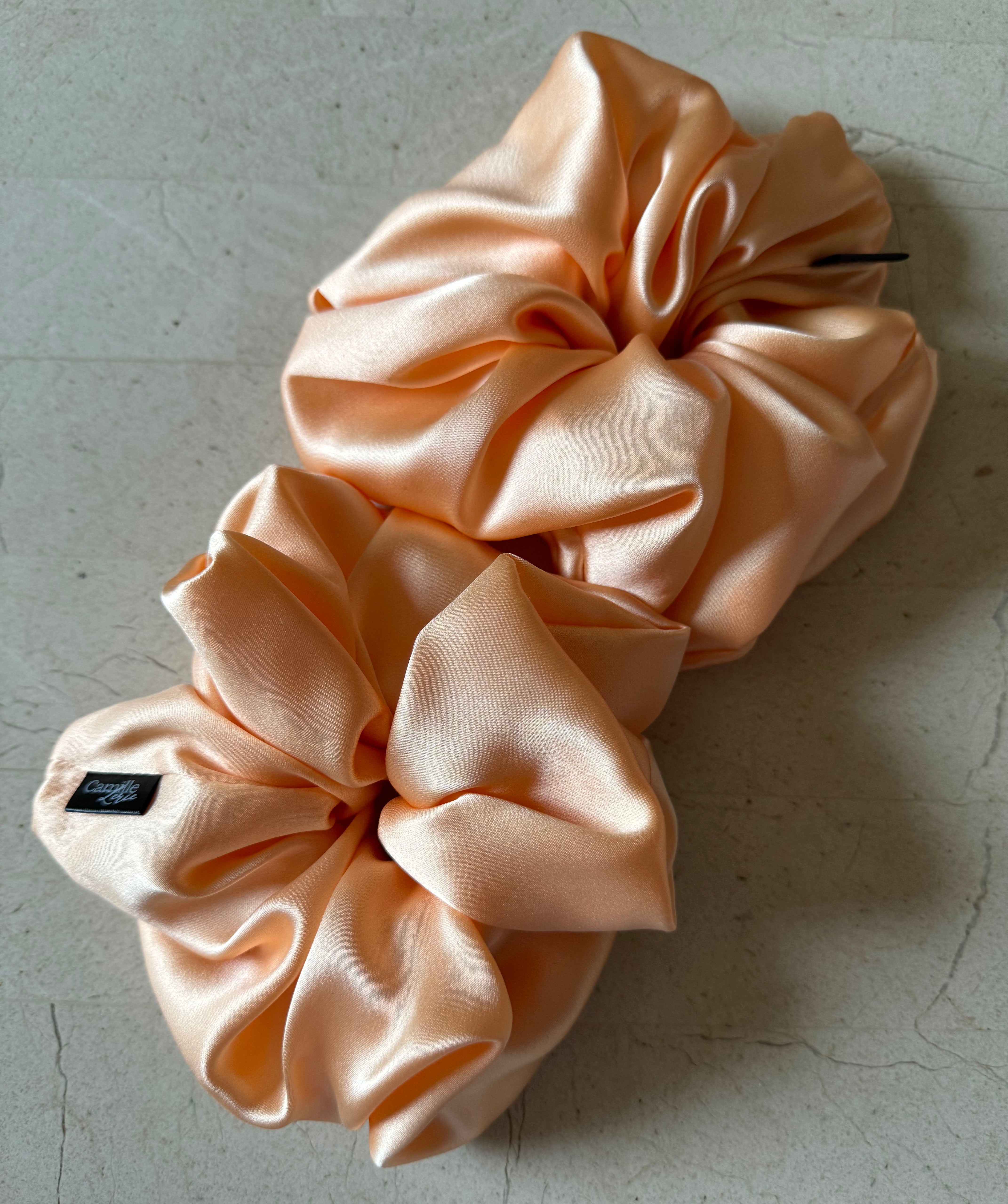 2 Large Caramel Cream Silk Charmeuse Scrunchies | Soft & Luxurious Handmade Hair Ties