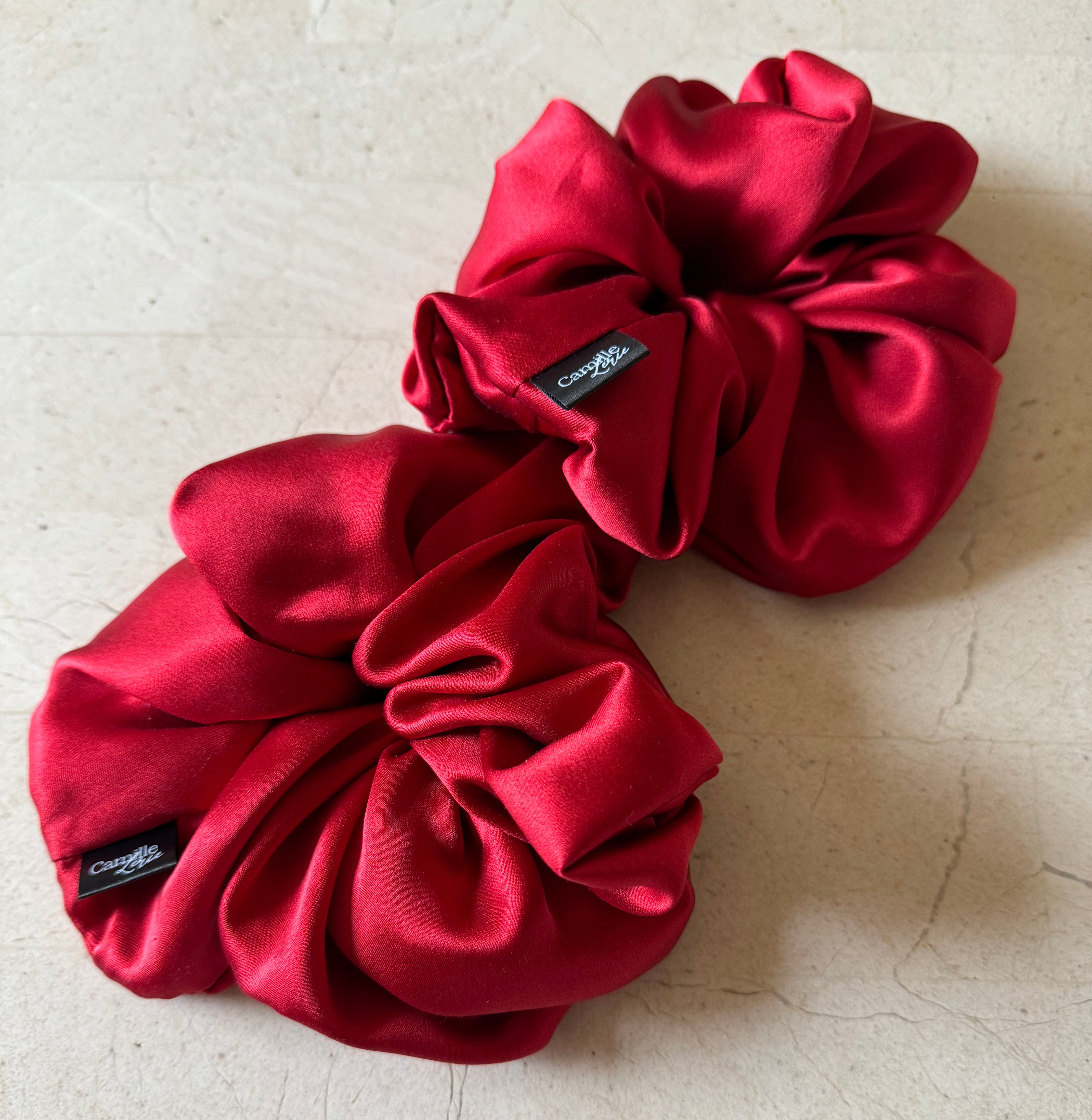 2 Large Cherry Red Silk Charmeuse Scrunchies | Soft & Luxurious Handmade Hair Ties