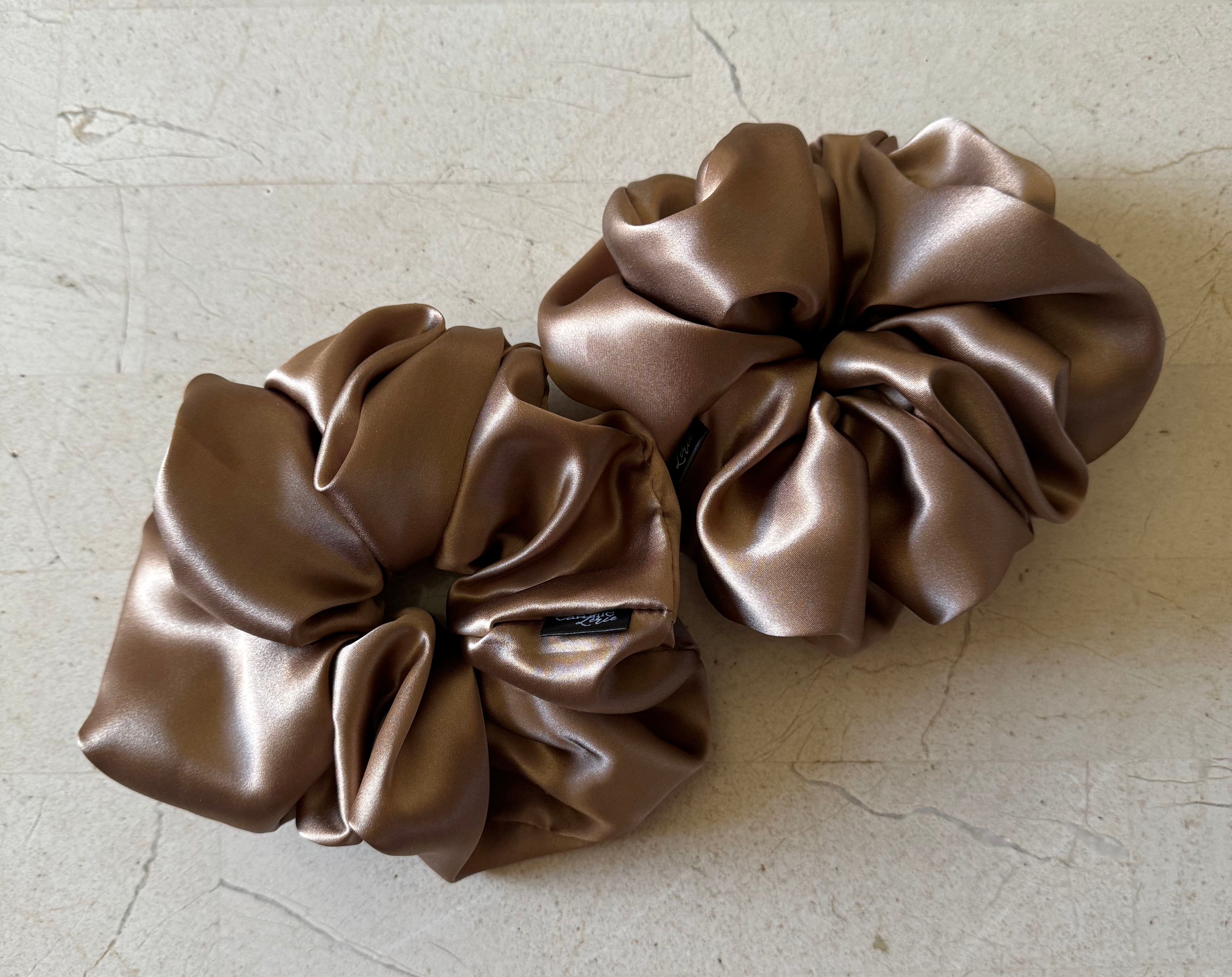 2 Large Coffee Scrunchie Silk Charmeuse Scrunchies | Soft & Luxurious Handmade Hair Ties