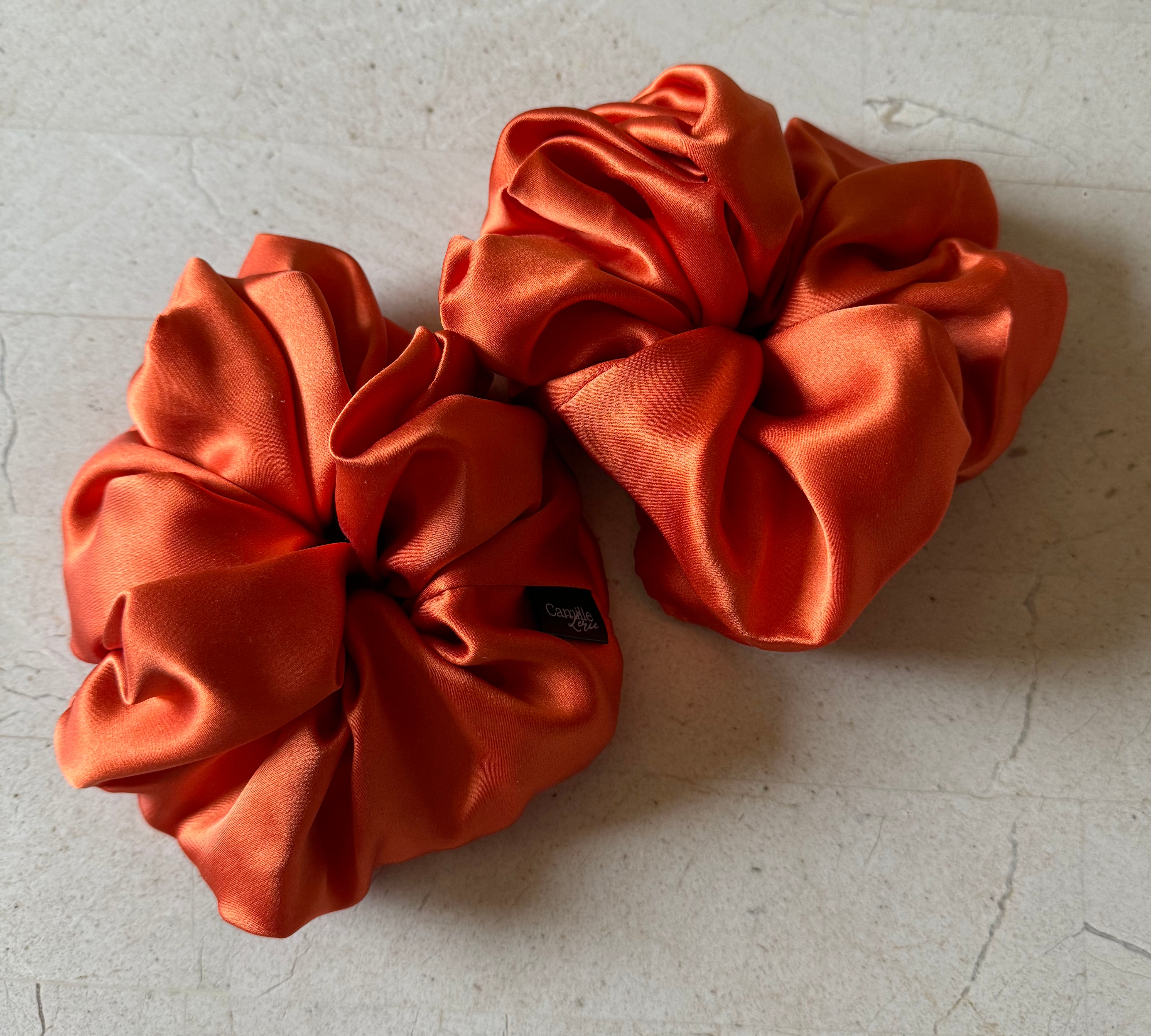 2 Large Mandarin Orange Silk Charmeuse Scrunchies | Soft & Luxurious Handmade Hair Ties