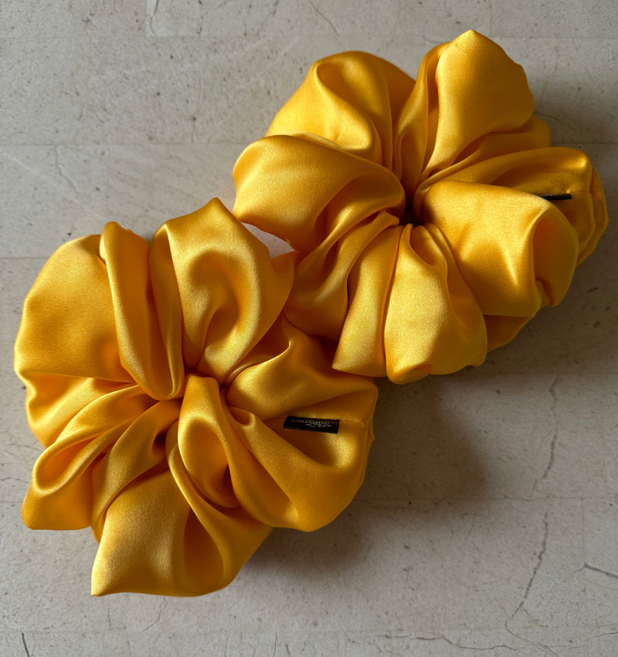 2 Large Marigold Yellow Silk Charmeuse Scrunchies | Soft & Luxurious Handmade Hair Ties