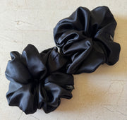 2 Large Noir Silk Charmeuse Scrunchies | Soft & Luxurious Handmade Hair Ties