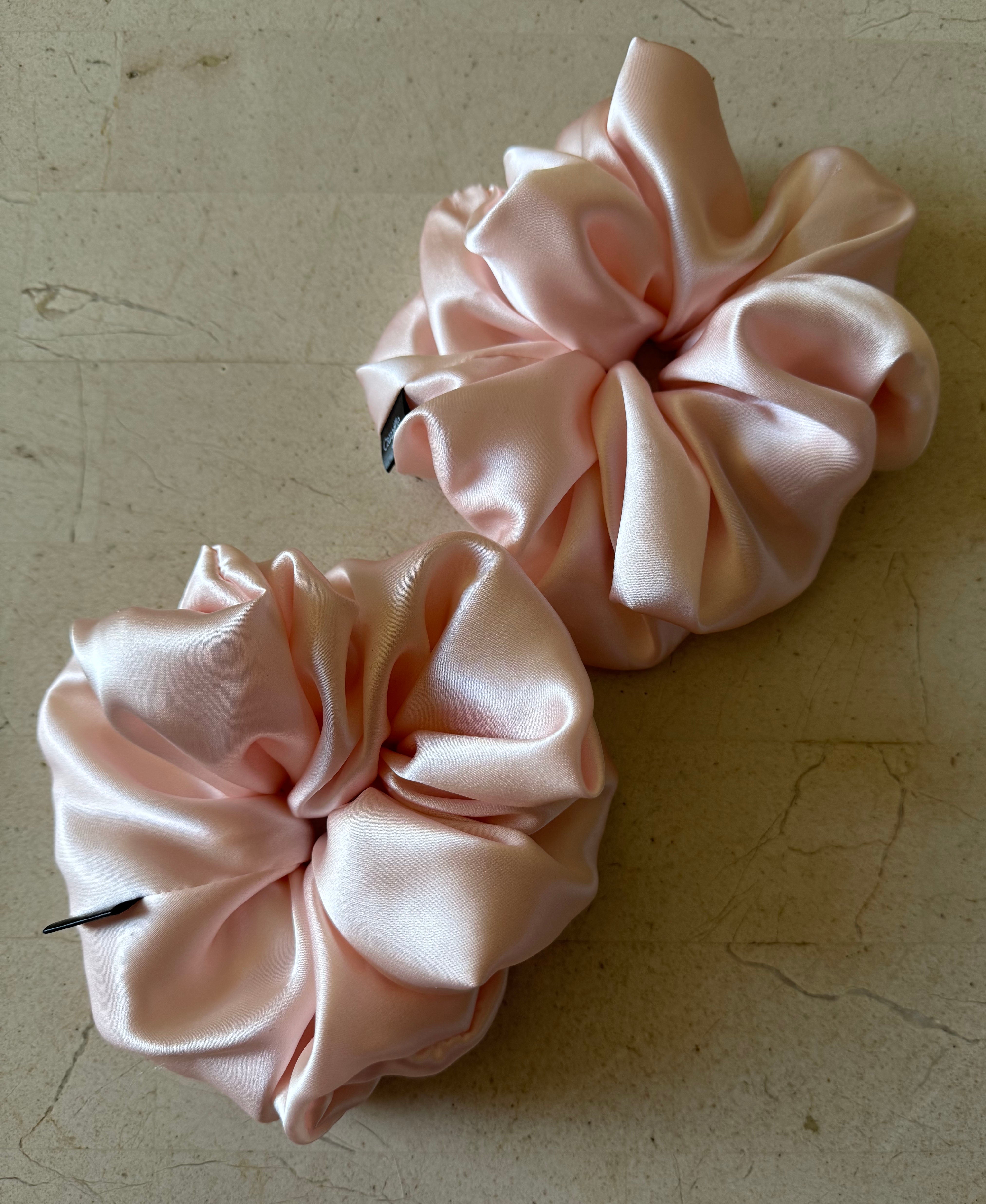 2 Large Pink Blush Silk Charmeuse Scrunchies | Soft & Luxurious Handmade Hair Ties