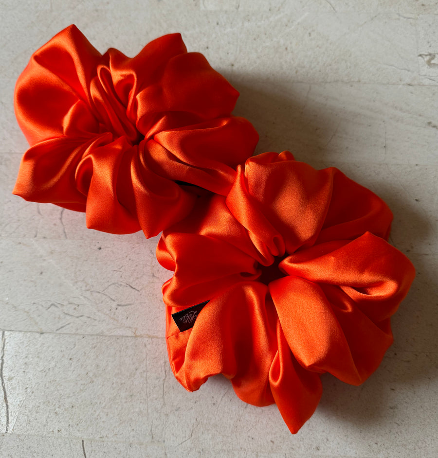 2 Large Sunset Orange Silk Charmeuse Scrunchies | Soft & Luxurious Handmade Hair Ties