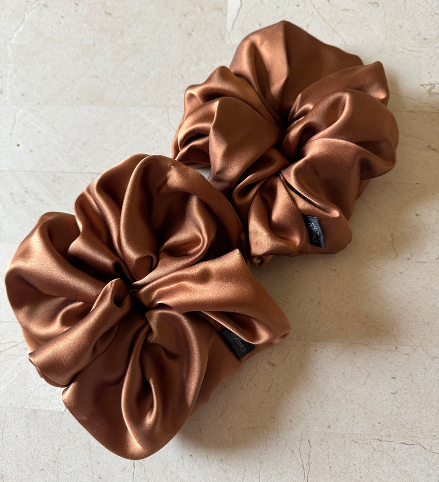 2 Large Toffee Silk Charmeuse Scrunchies | Soft & Luxurious Handmade Hair Ties