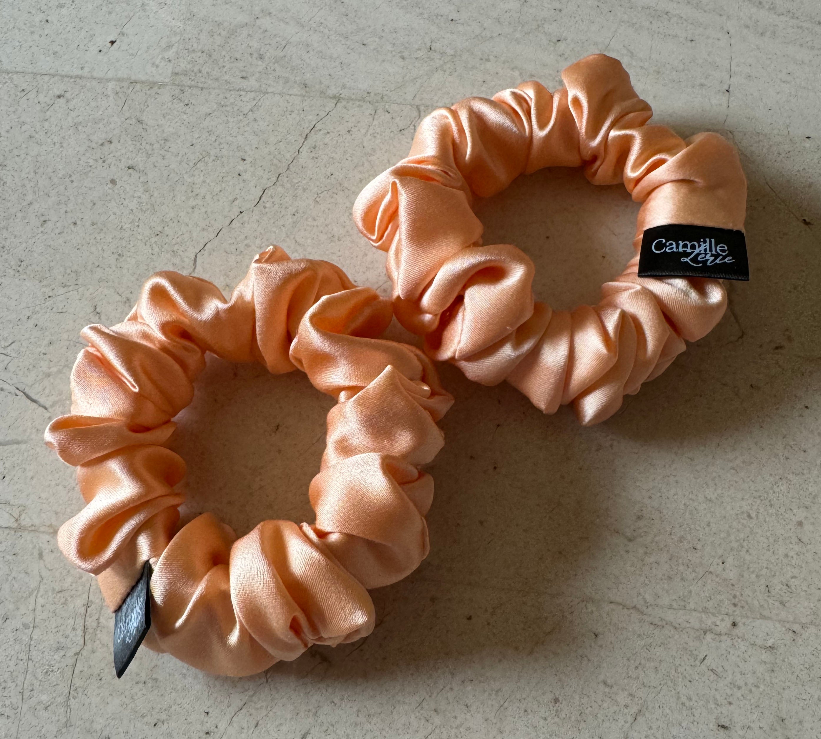 2 Midi Caramel Cream Silk Charmeuse Scrunchies | Soft & Luxurious Handmade Hair Ties