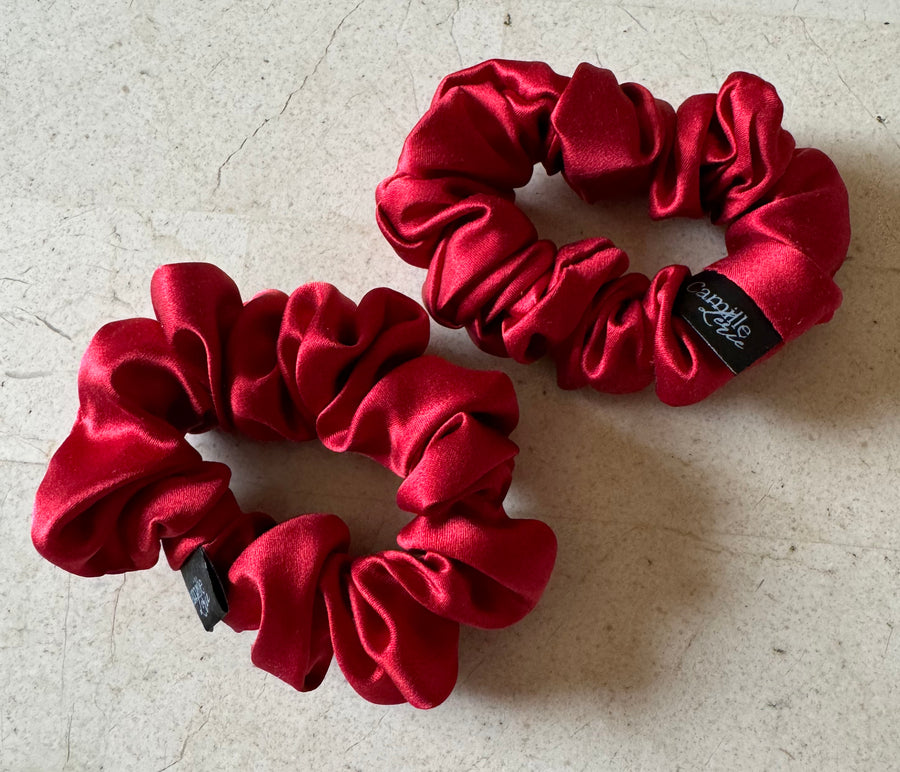 2 Midi Cherry Red Silk Charmeuse Scrunchies | Soft & Luxurious Handmade Hair Ties