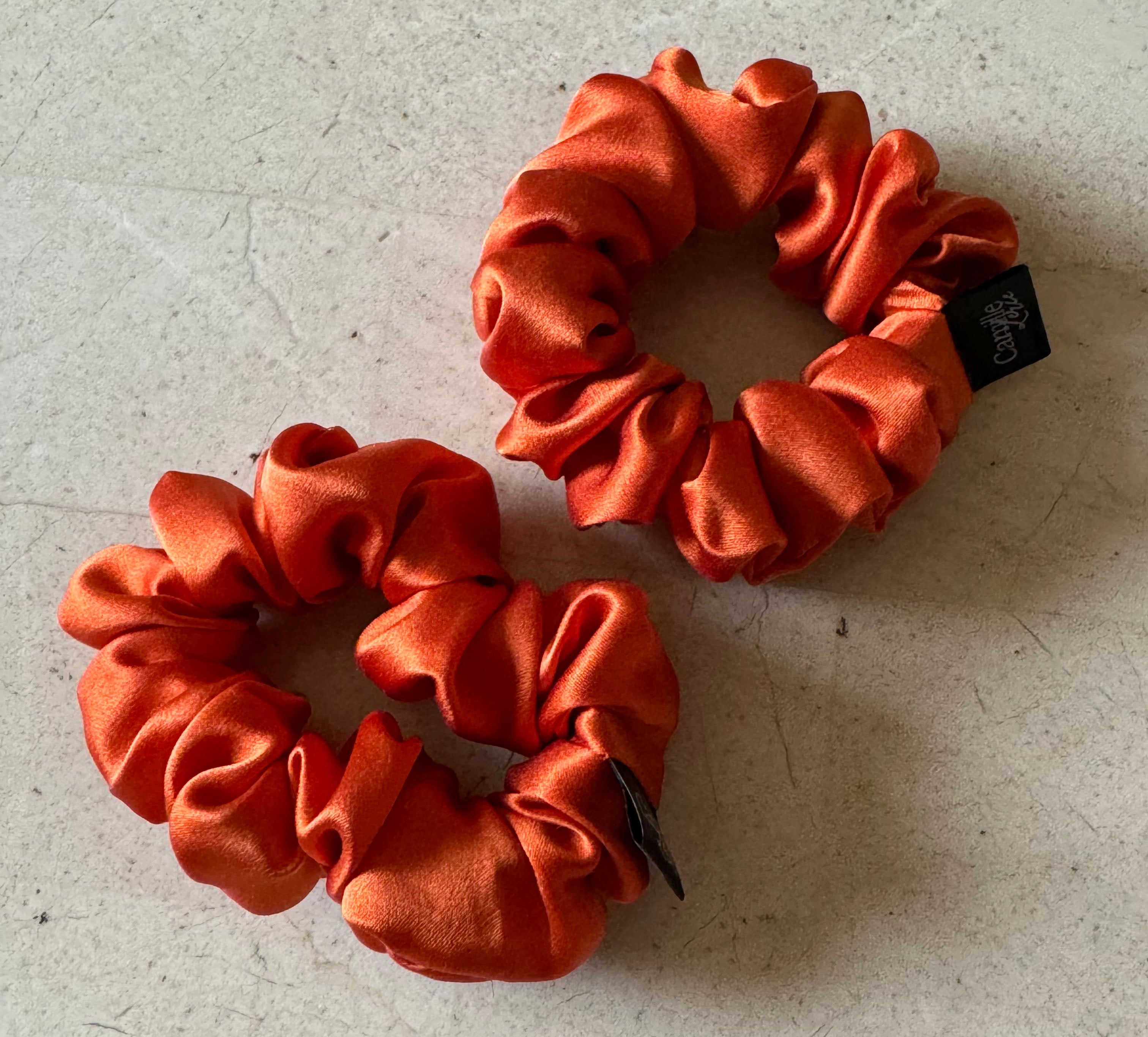 2 Midi Mandarin Orange Silk Charmeuse Scrunchies | Soft & Luxurious Handmade Hair Ties