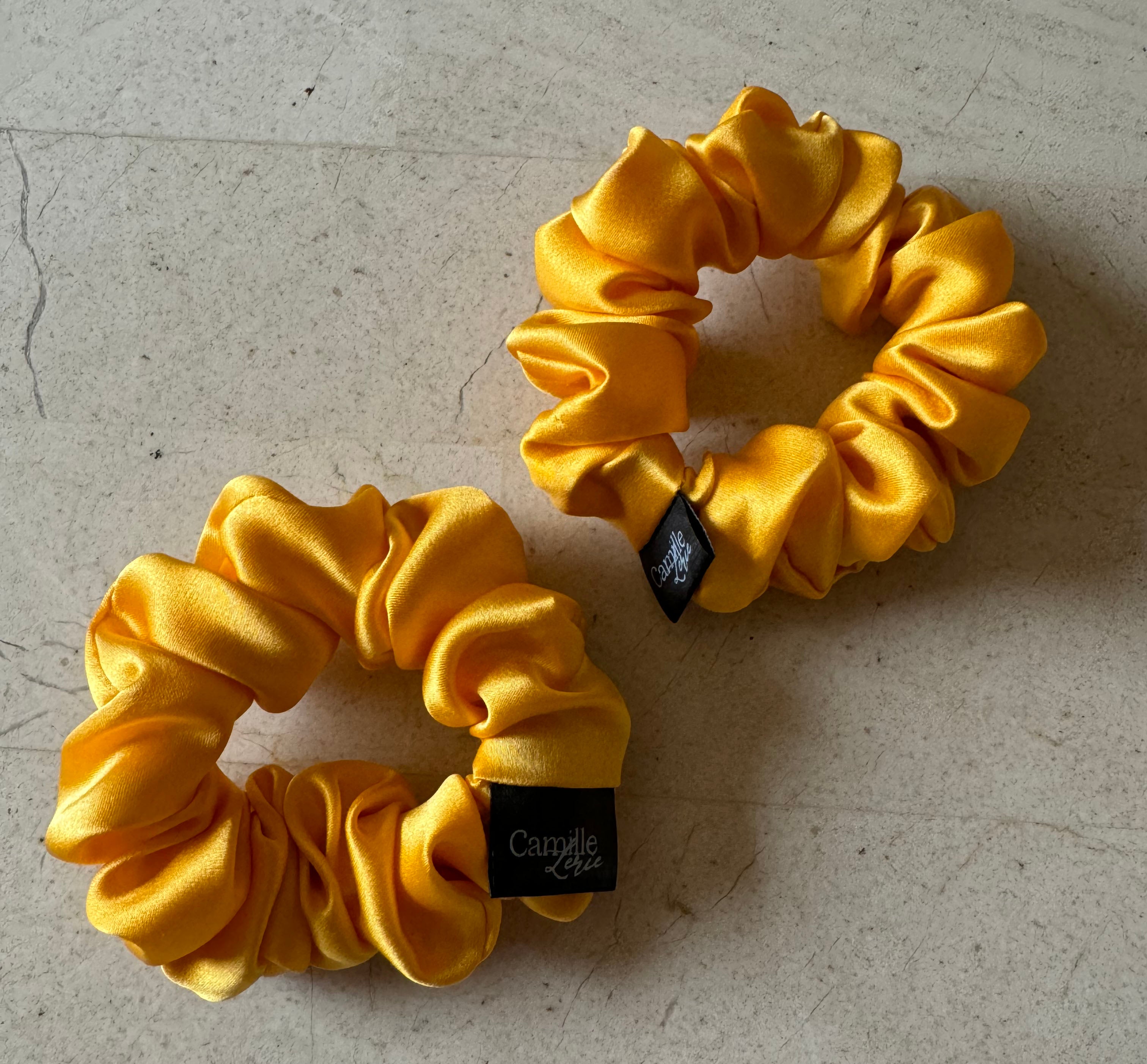 2 Midi Marigold Yellow Silk Charmeuse Scrunchies | Soft & Luxurious Handmade Hair Ties