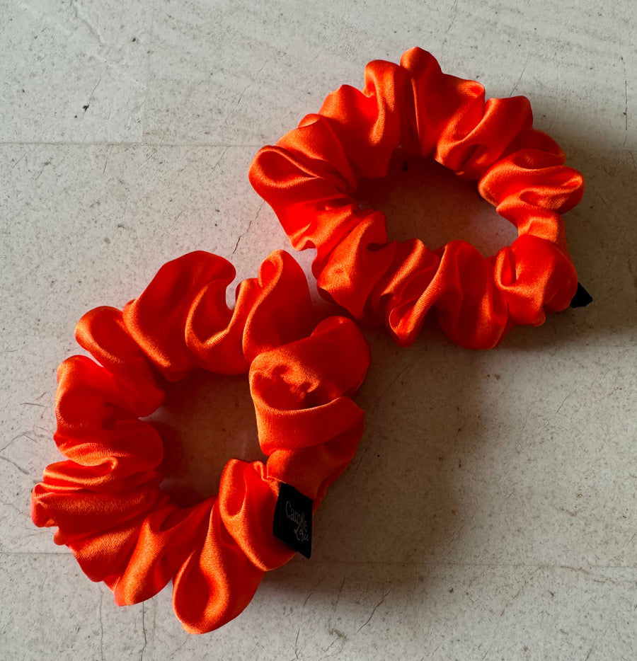 2 Midi Sunset Orange Silk Charmeuse Scrunchies | Soft & Luxurious Handmade Hair Ties