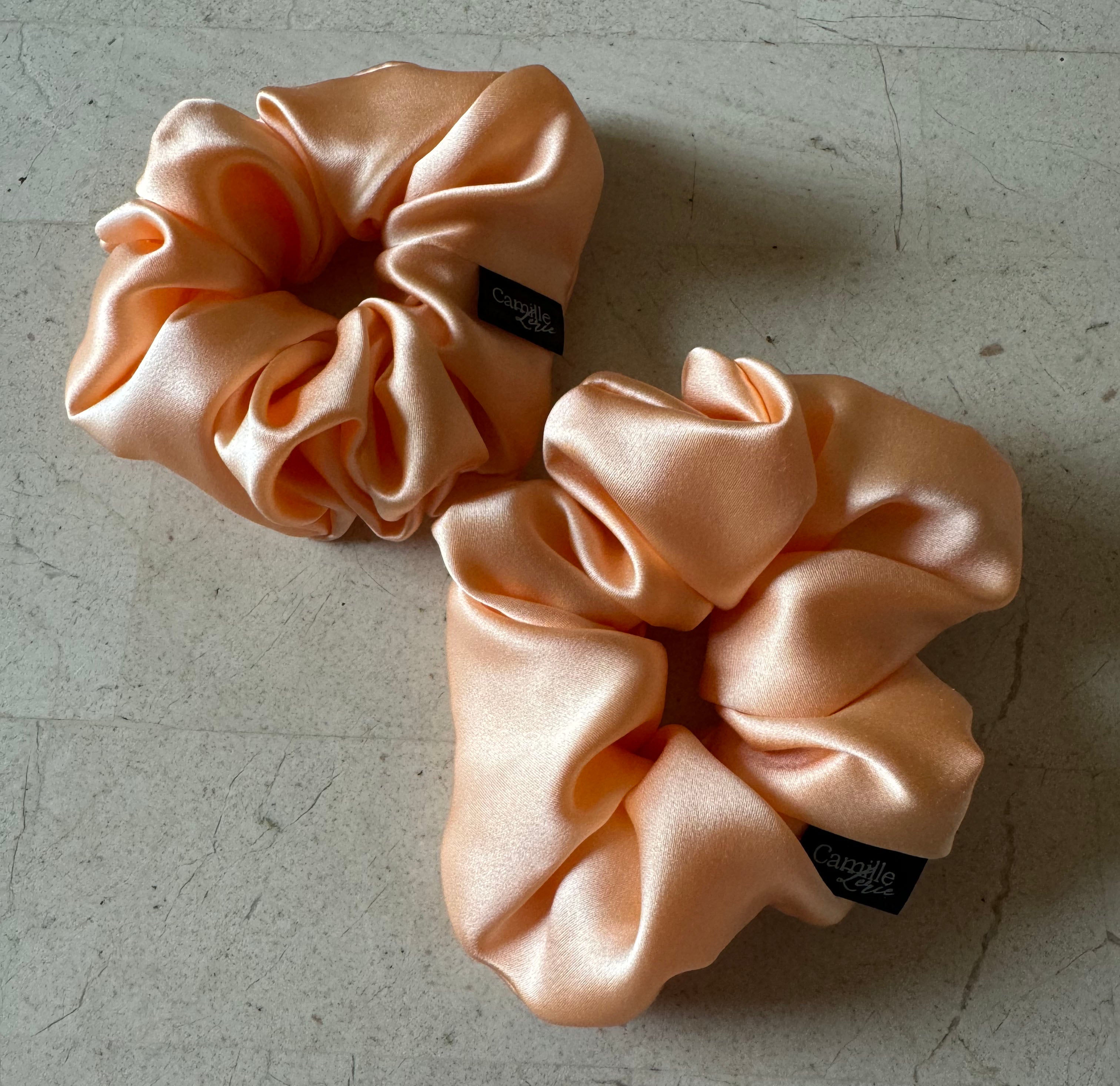 2 Regular Caramel Cream Silk Charmeuse Scrunchies | Soft & Luxurious Handmade Hair Ties