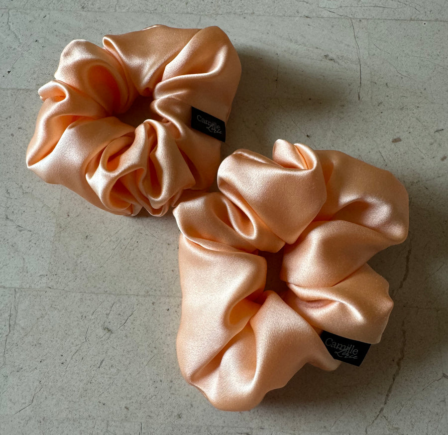 2 Regular Caramel Cream Silk Charmeuse Scrunchies | Soft & Luxurious Handmade Hair Ties