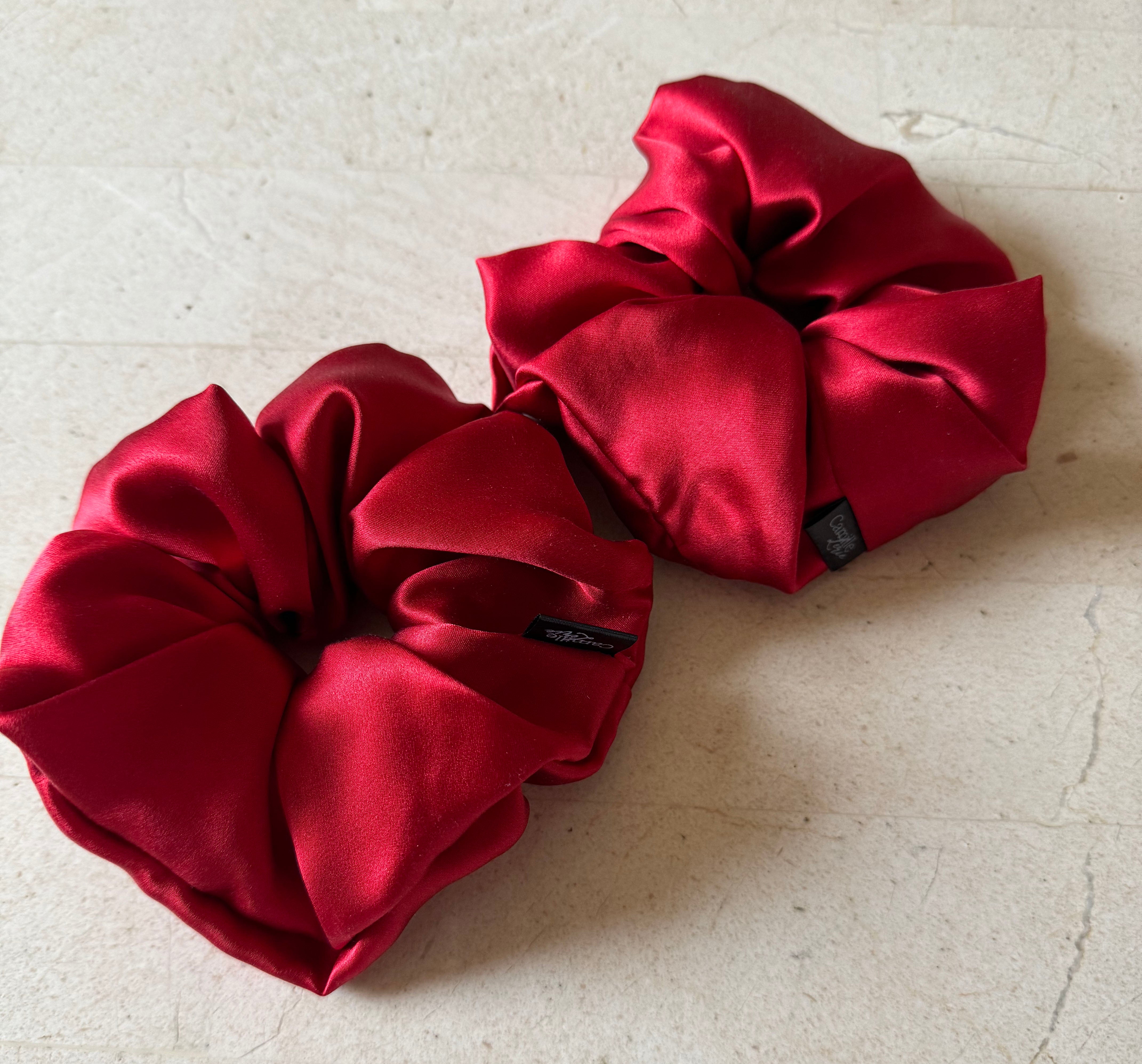 2 Regular Cherry Red Silk Charmeuse Scrunchies | Soft & Luxurious Handmade Hair Ties