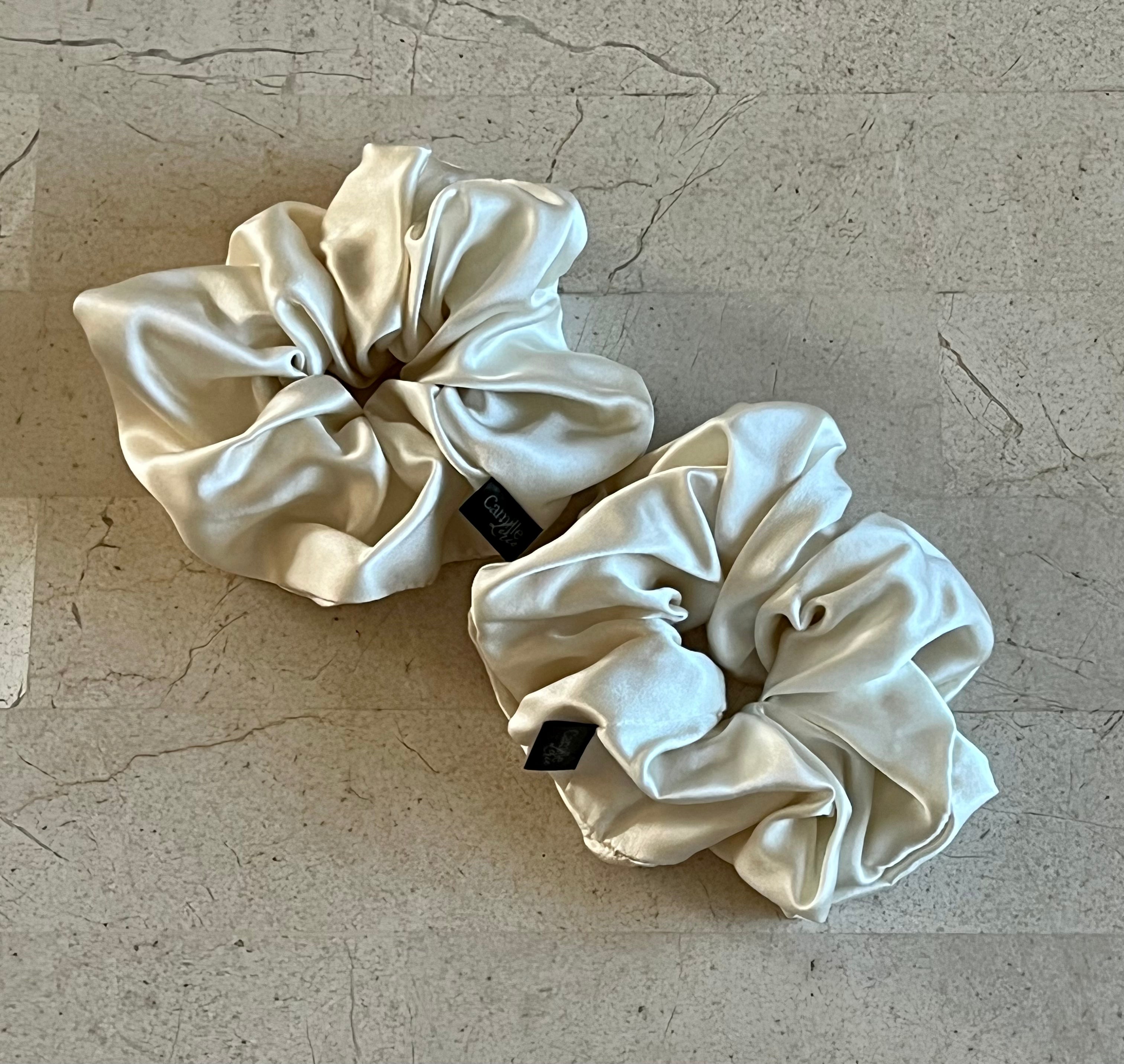 2 Regular Ivory Silk Charmeuse Scrunchies | Soft & Luxurious Handmade Hair Ties