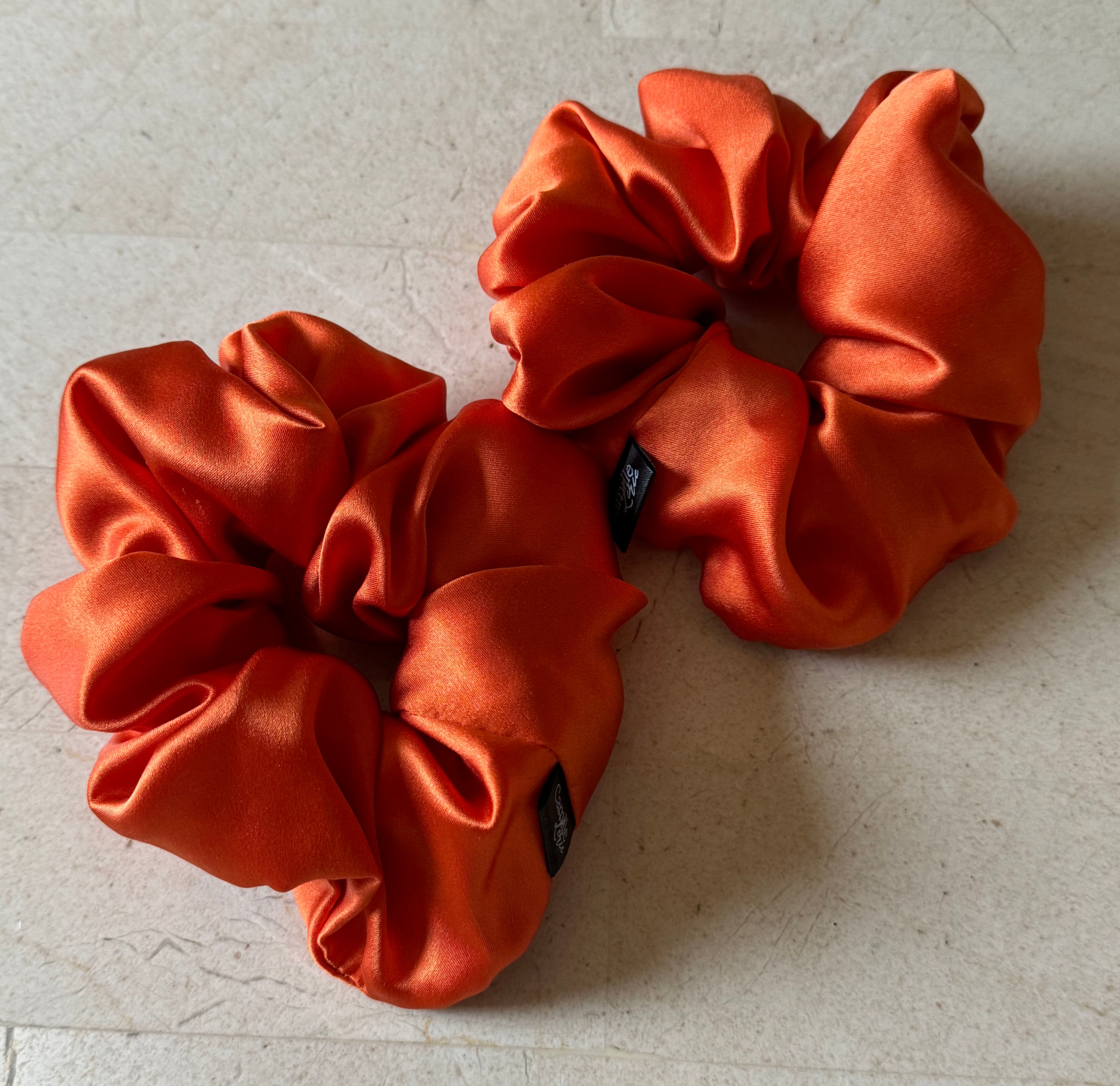 2 Regular Mandarin Orange Silk Charmeuse Scrunchies | Soft & Luxurious Handmade Hair Ties