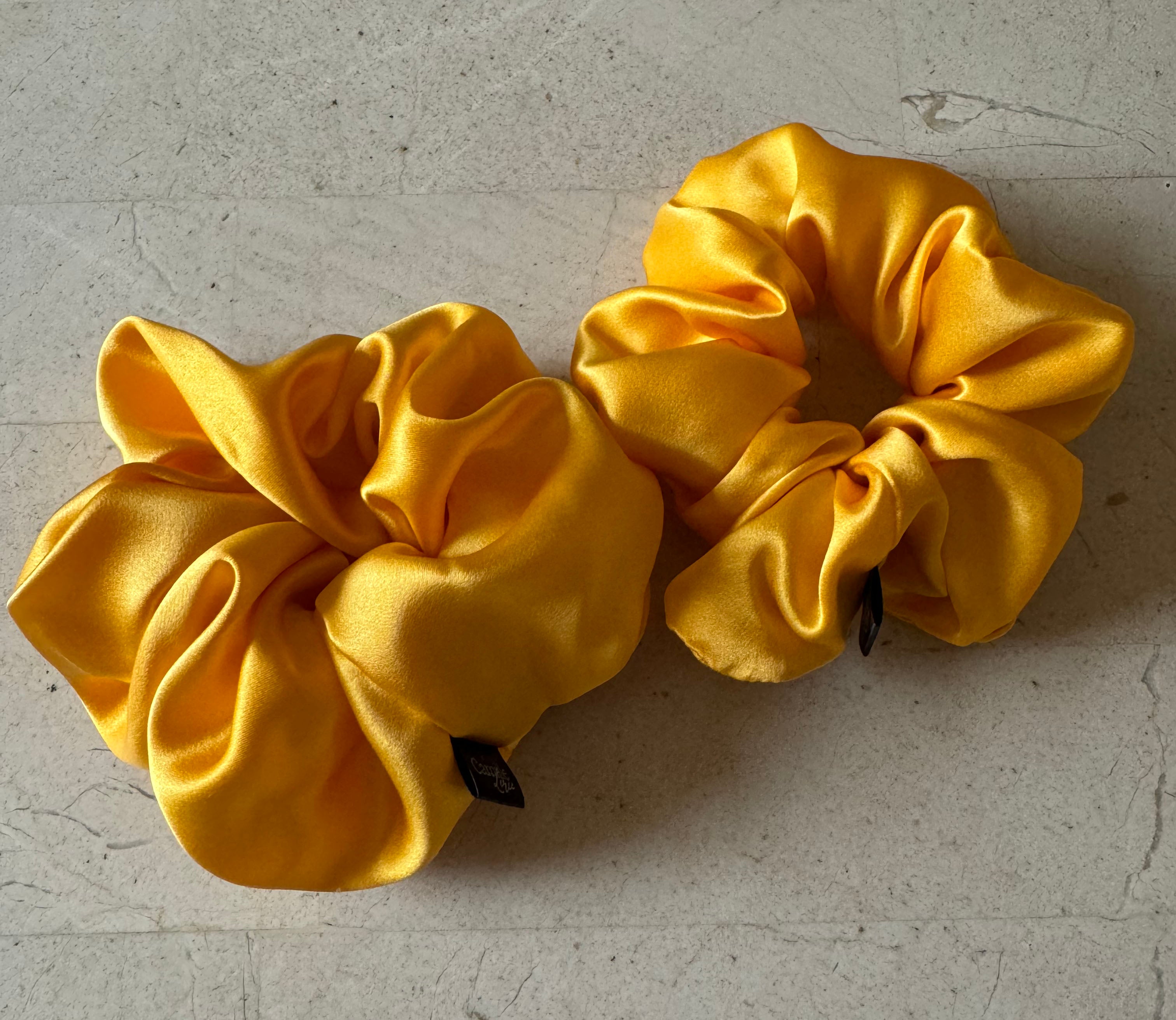 2 Regular Marigold Silk Charmeuse Scrunchies | Soft & Luxurious Handmade Hair Ties