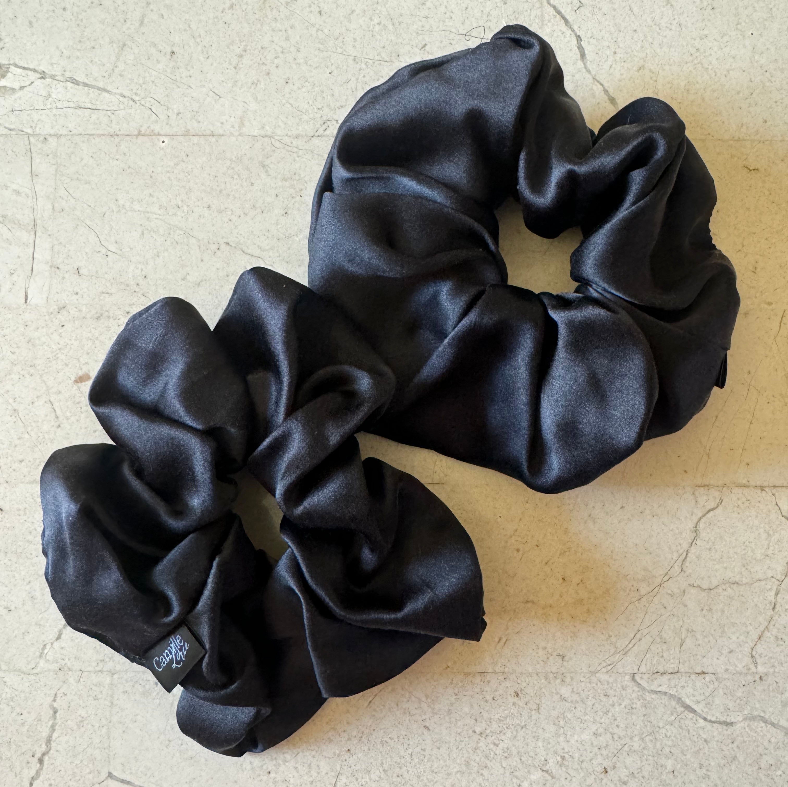 2 Regular Noir Silk Charmeuse Scrunchies | Soft & Luxurious Handmade Hair Ties