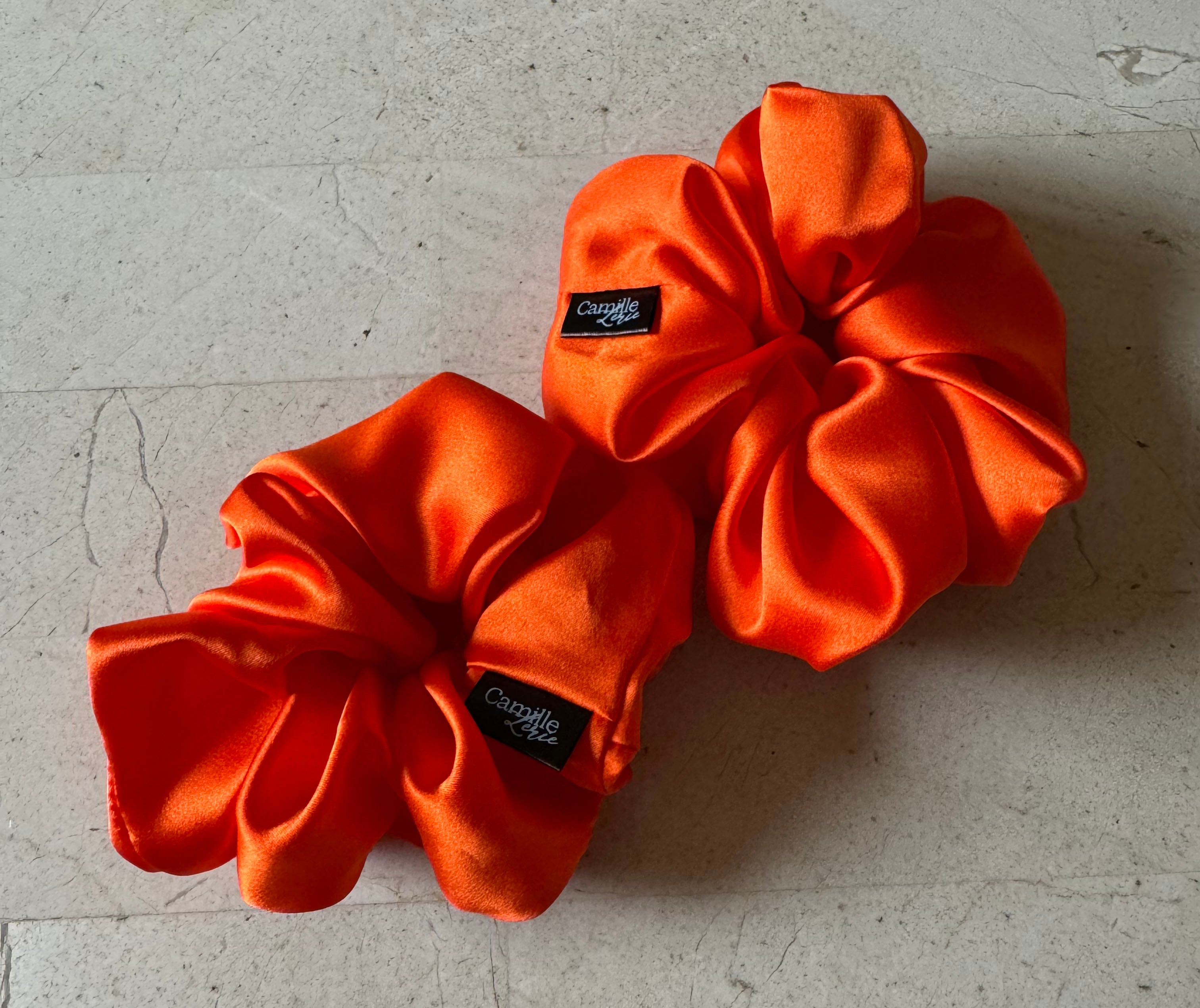 2 Regular Sunset Orange Silk Charmeuse Scrunchies | Soft & Luxurious Handmade Hair Ties