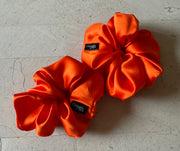 2 Regular Sunset Orange Silk Charmeuse Scrunchies | Soft & Luxurious Handmade Hair Ties