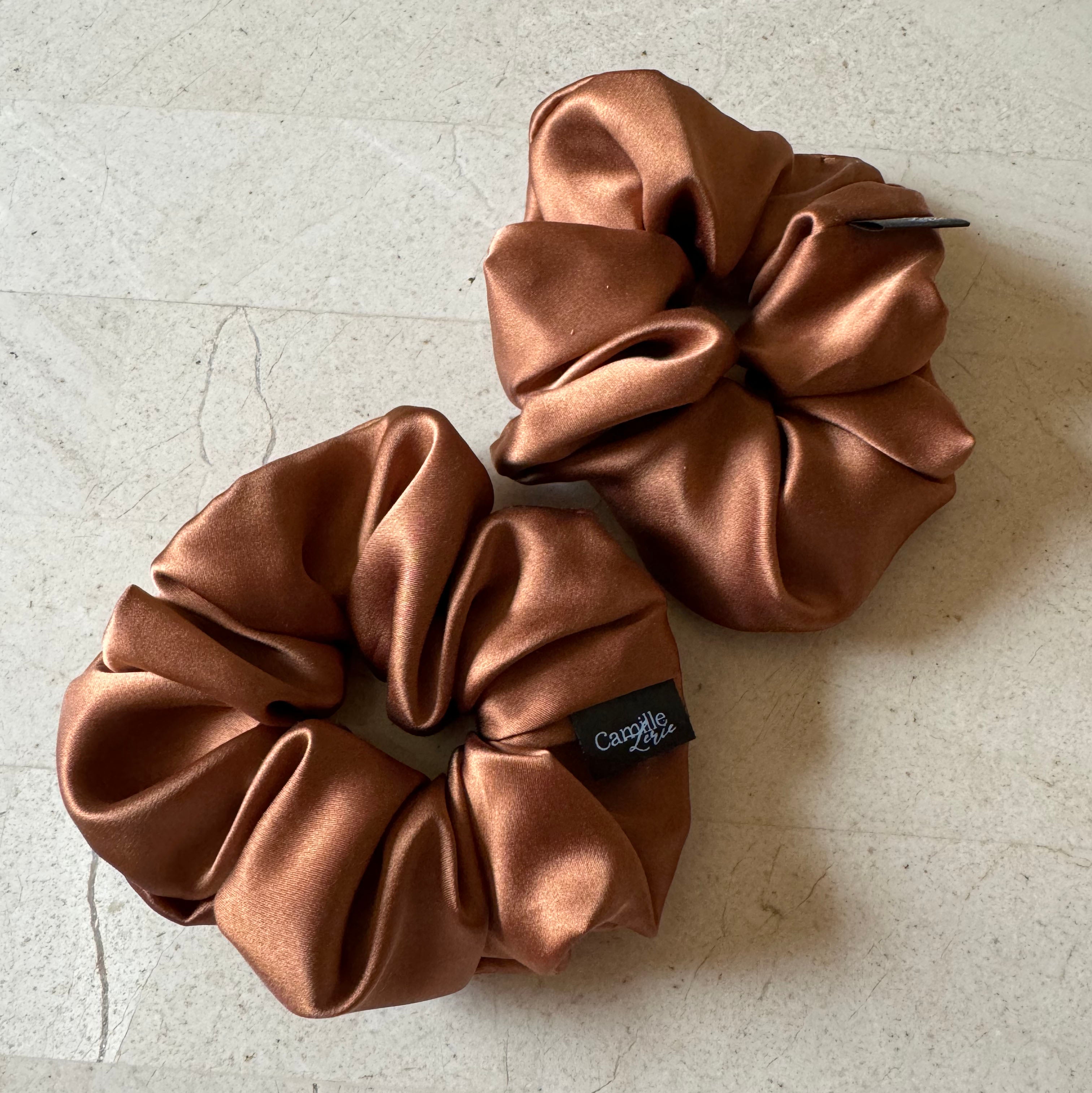 2 Regular Toffee Silk Charmeuse Scrunchies | Soft & Luxurious Handmade Hair Ties