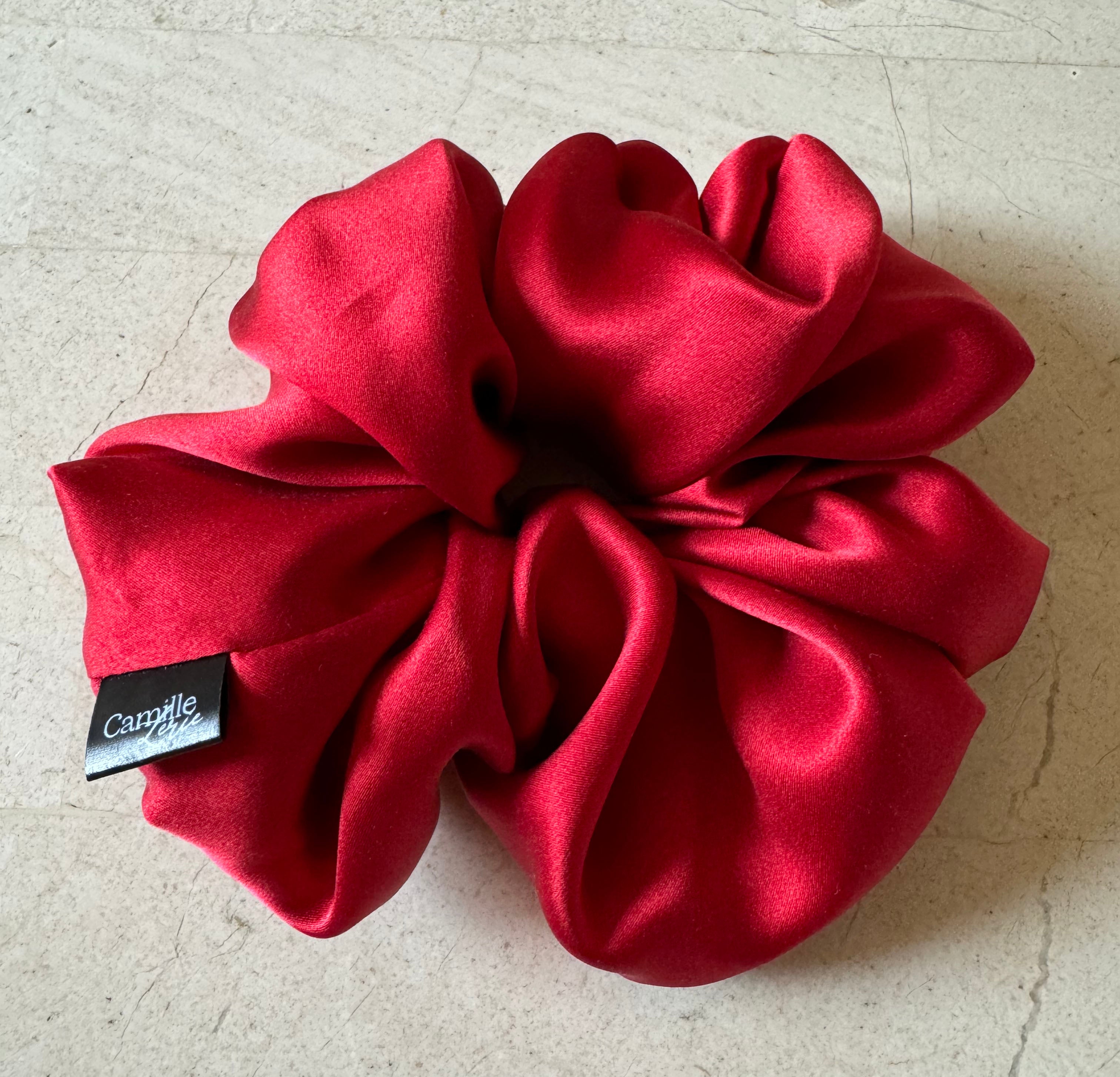 Large Cherry Red Silk Charmeuse Scrunchies | Soft & Luxurious Handmade Hair Ties