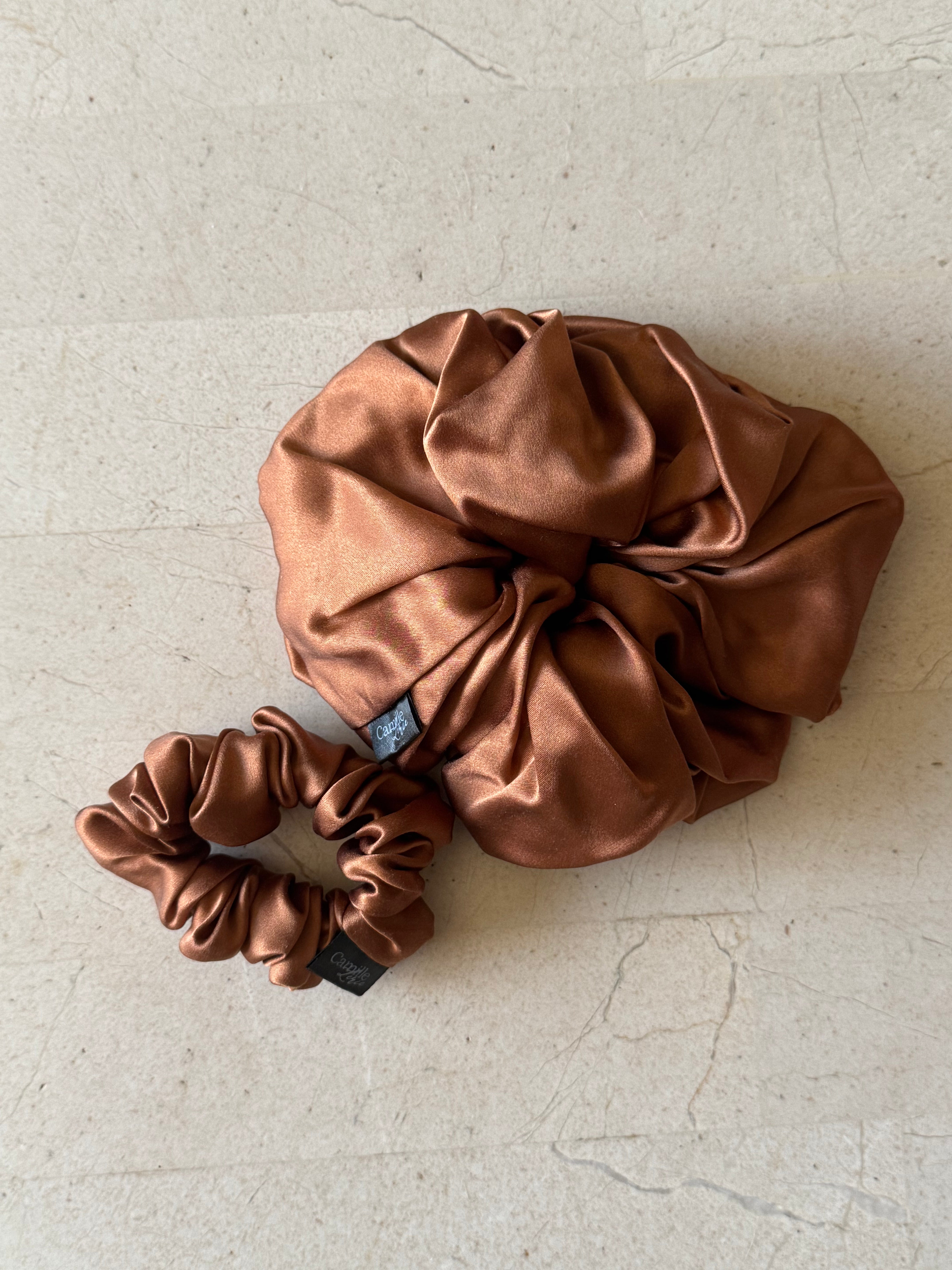 Midi and Large Toffee Silk Scrunchies