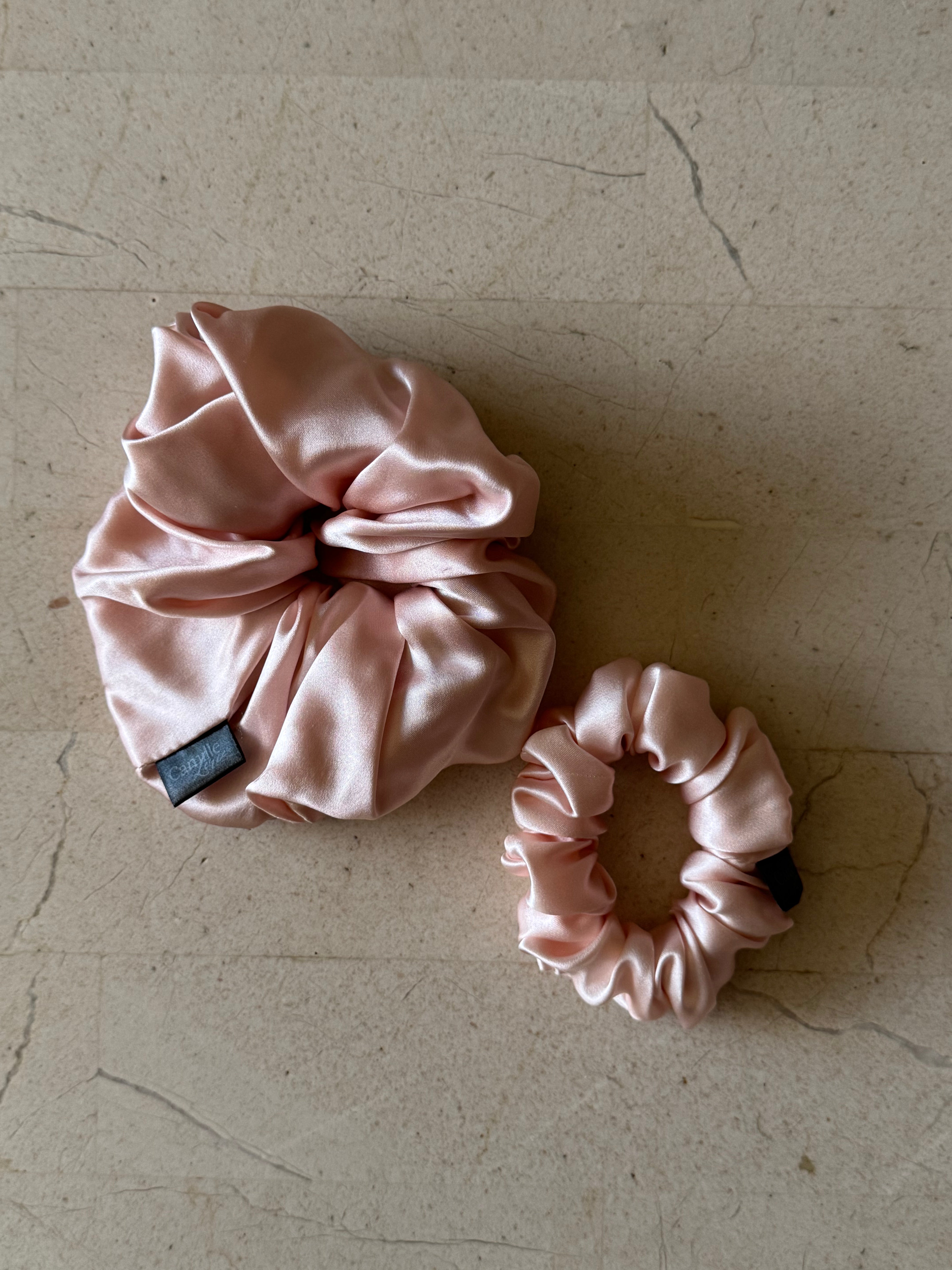 Midi and Regular Blush Silk Scrunchies