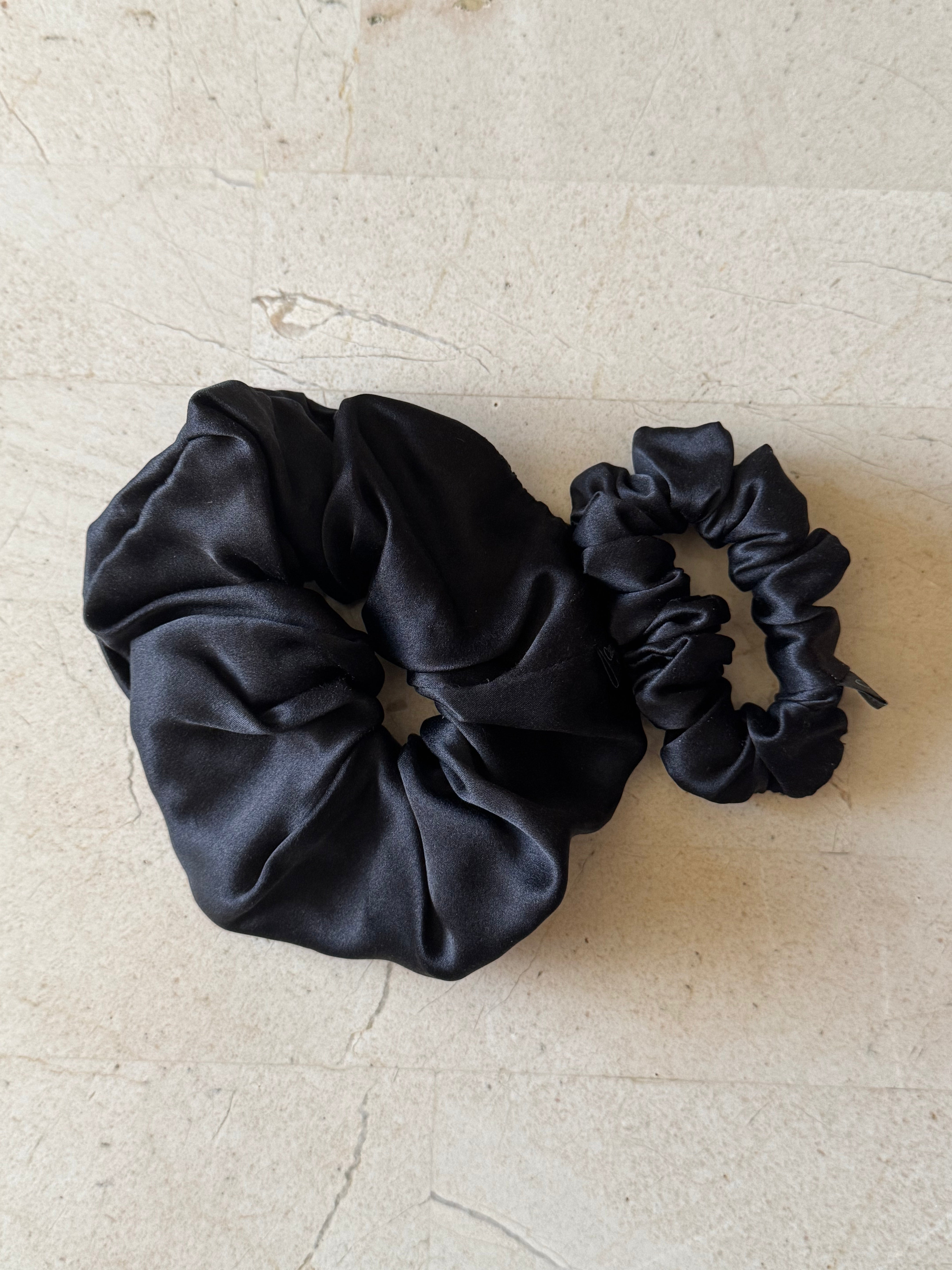 Midi and Regular Noir Silk Scrunchies