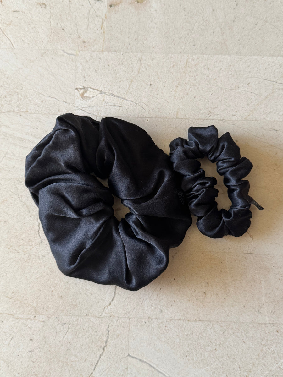 Midi and Regular Noir Silk Scrunchies