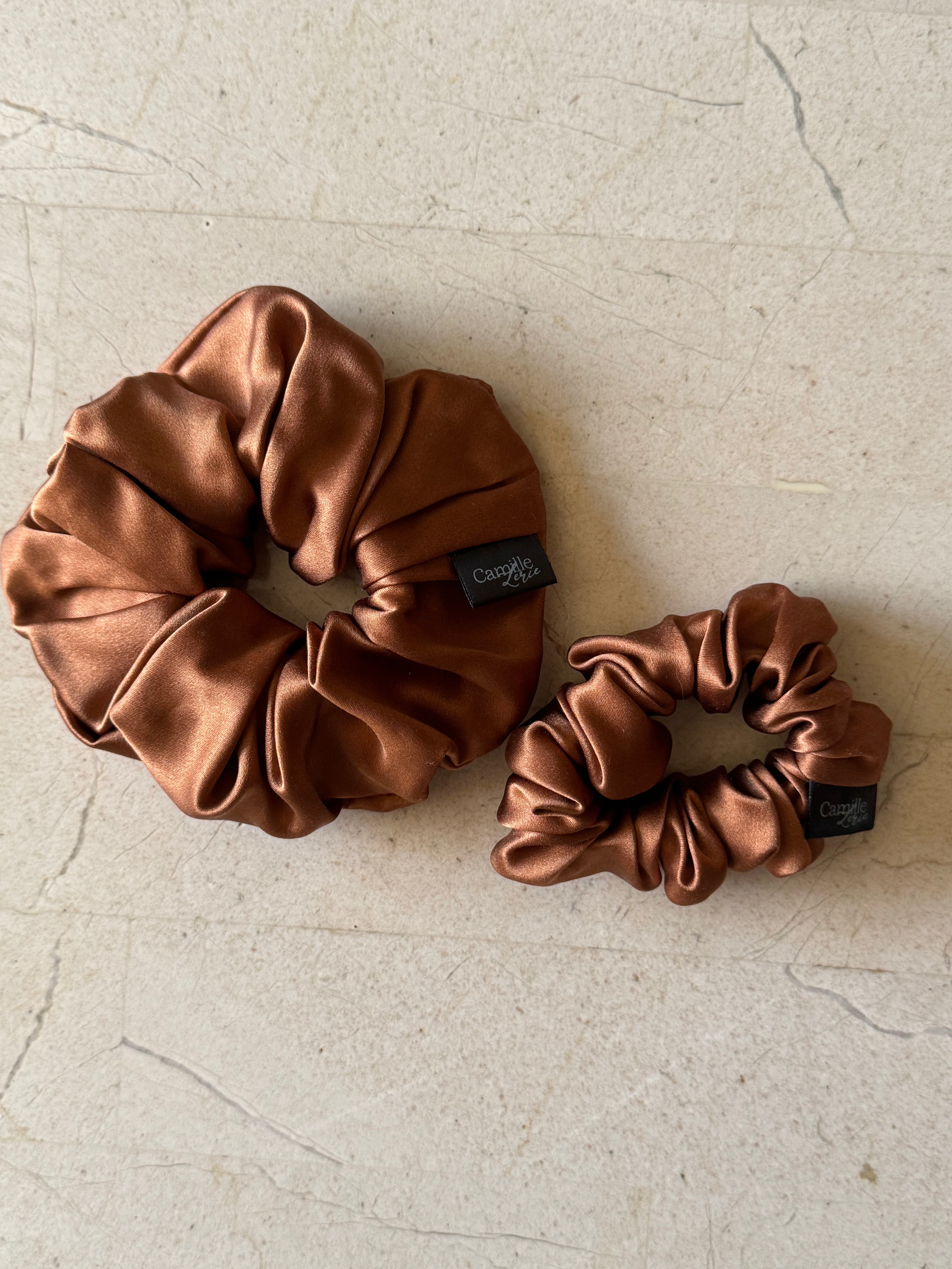 Midi and Regular Toffee Silk Scrunchies