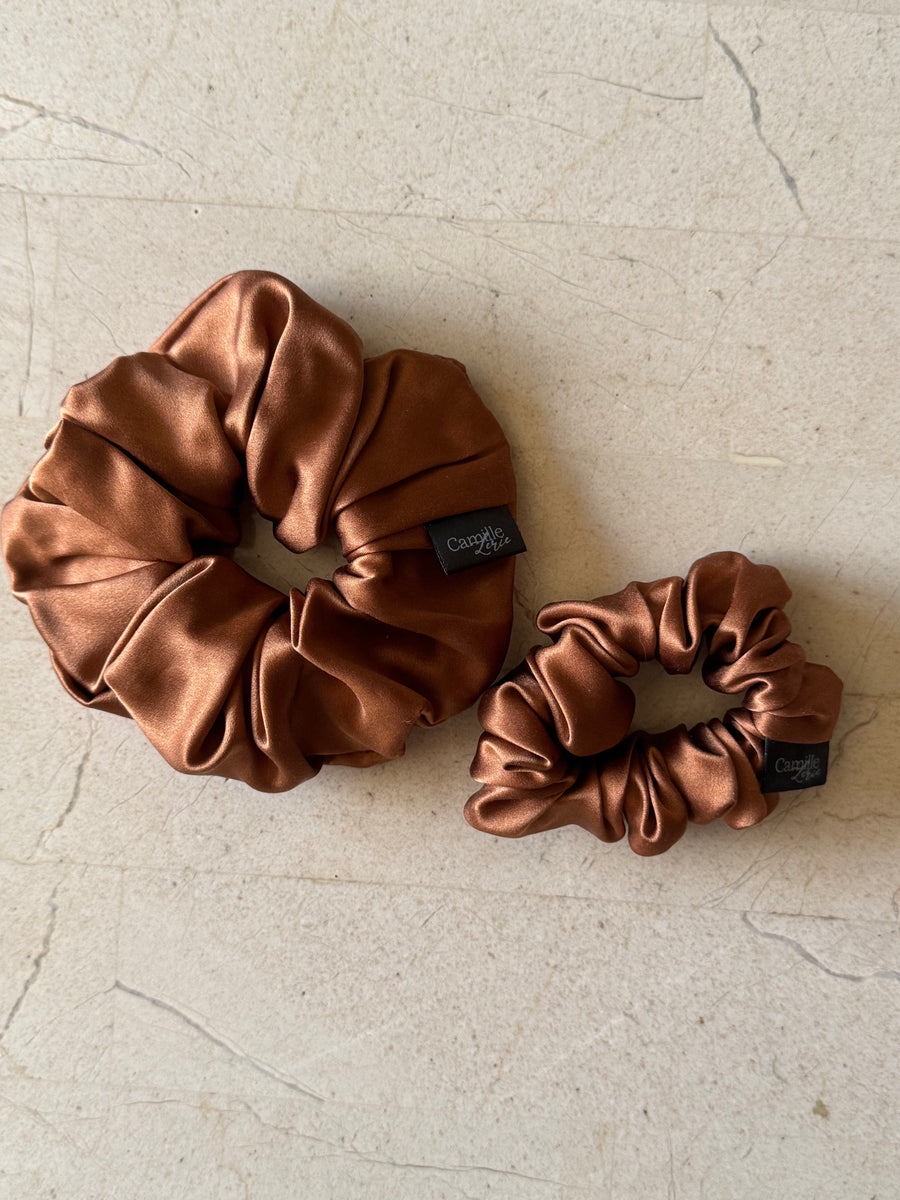 Midi and Regular Toffee Silk Scrunchies