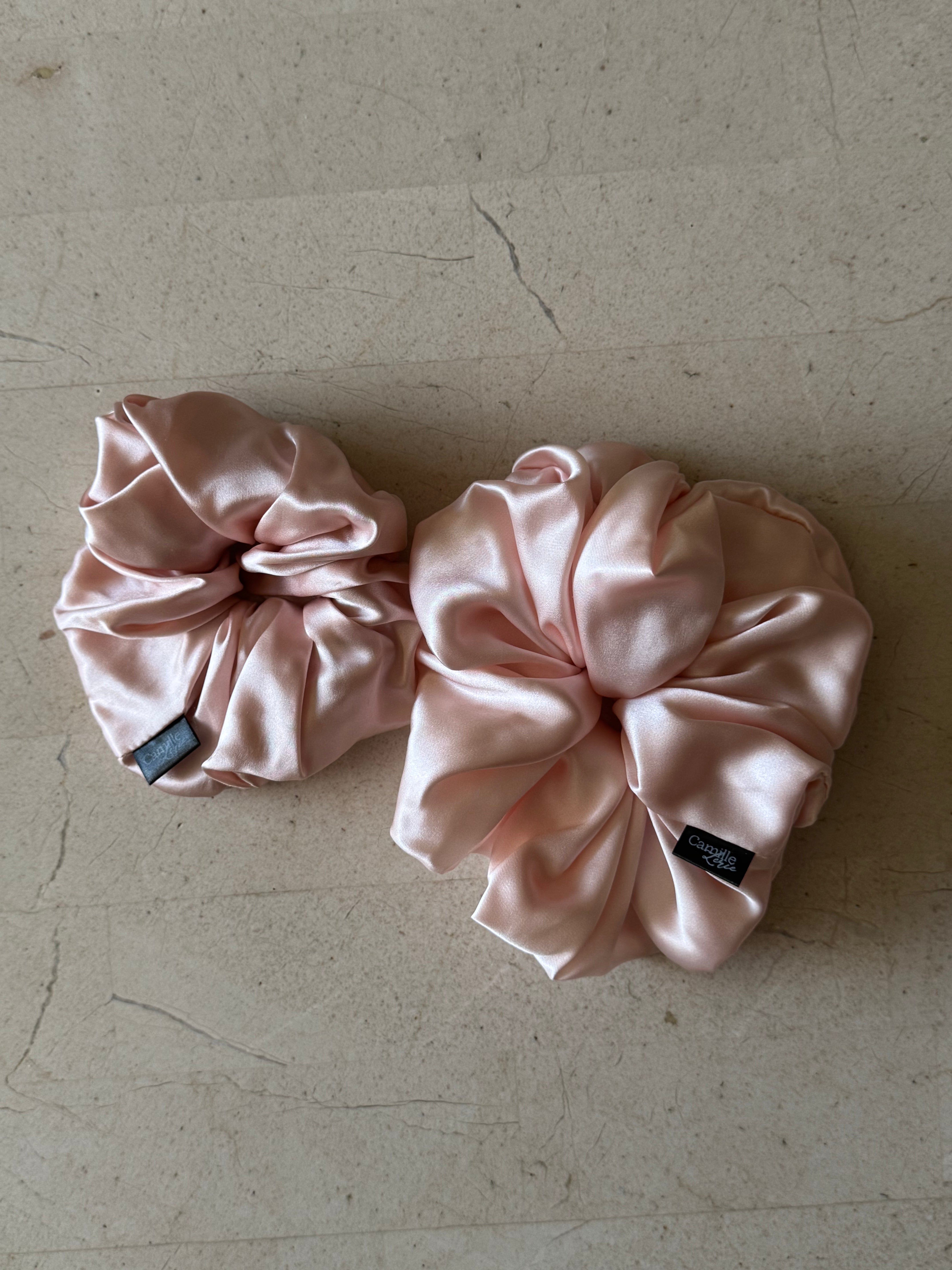 Regular and Large Blush Silk Scrunchies
