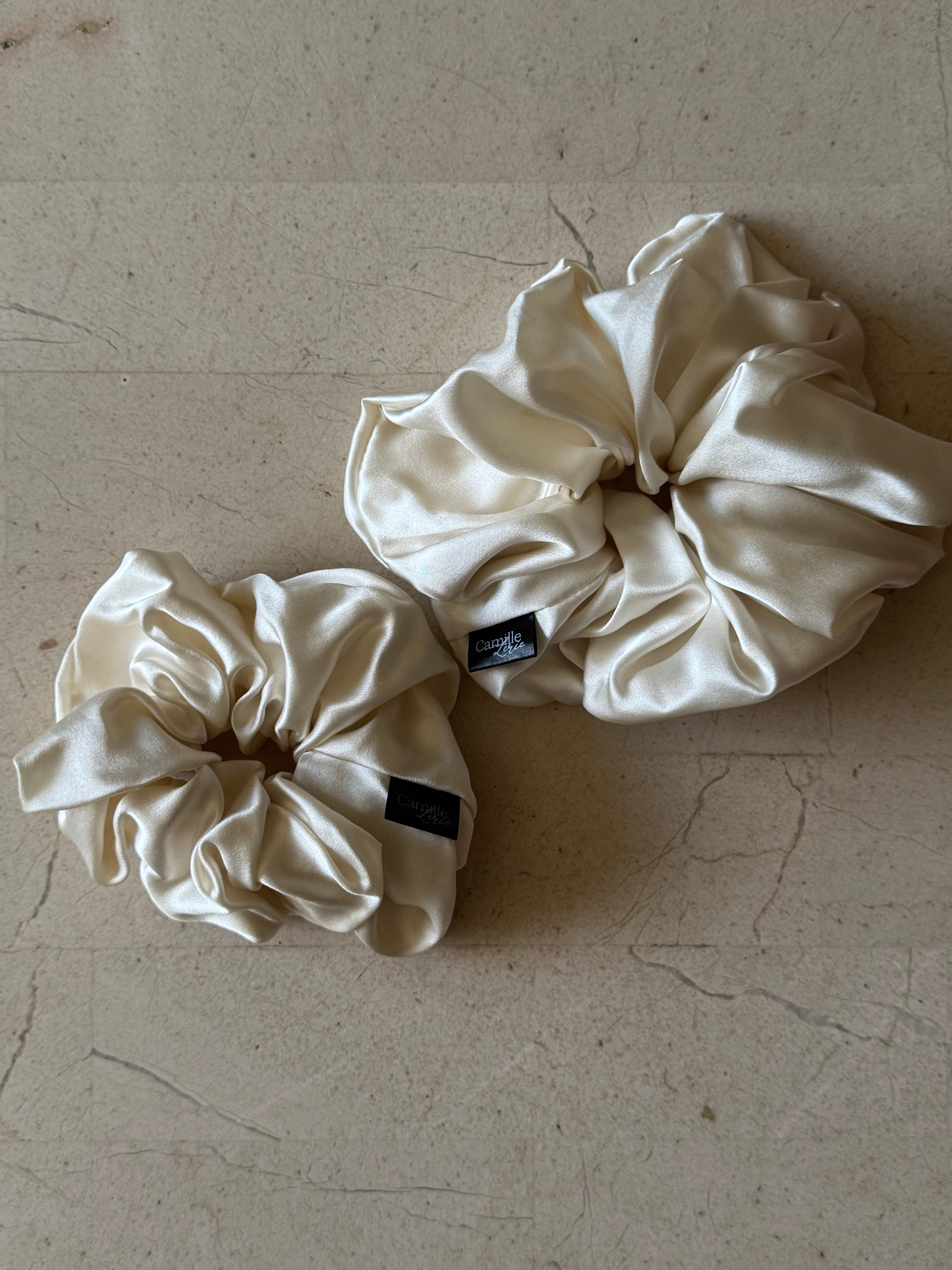 Regular and Large Ivory Silk Scrunchies