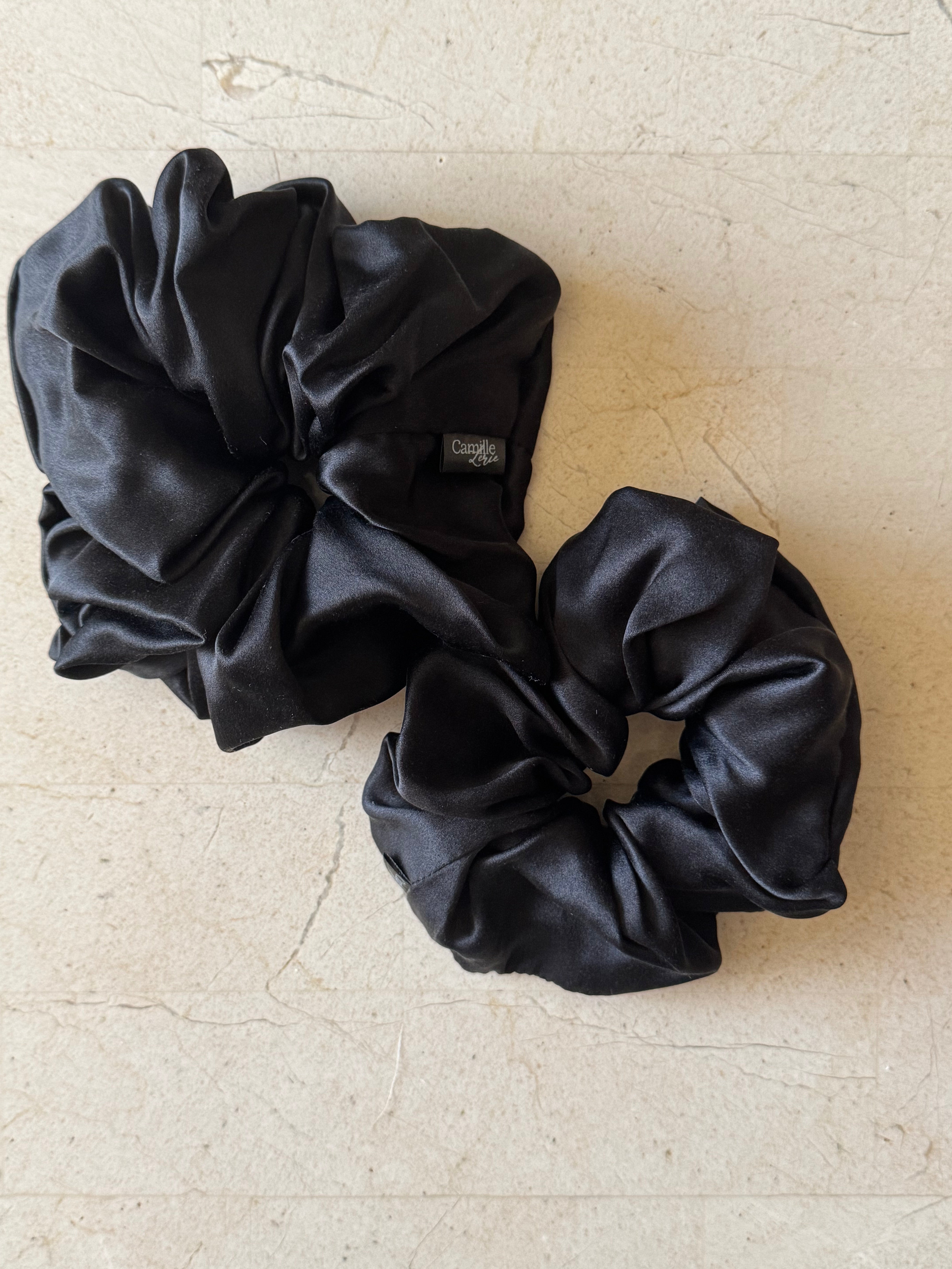 Regular and Large Noir Silk Scrunchies