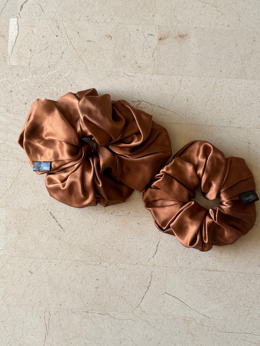 Regular and Large Toffee Silk Scrunchies